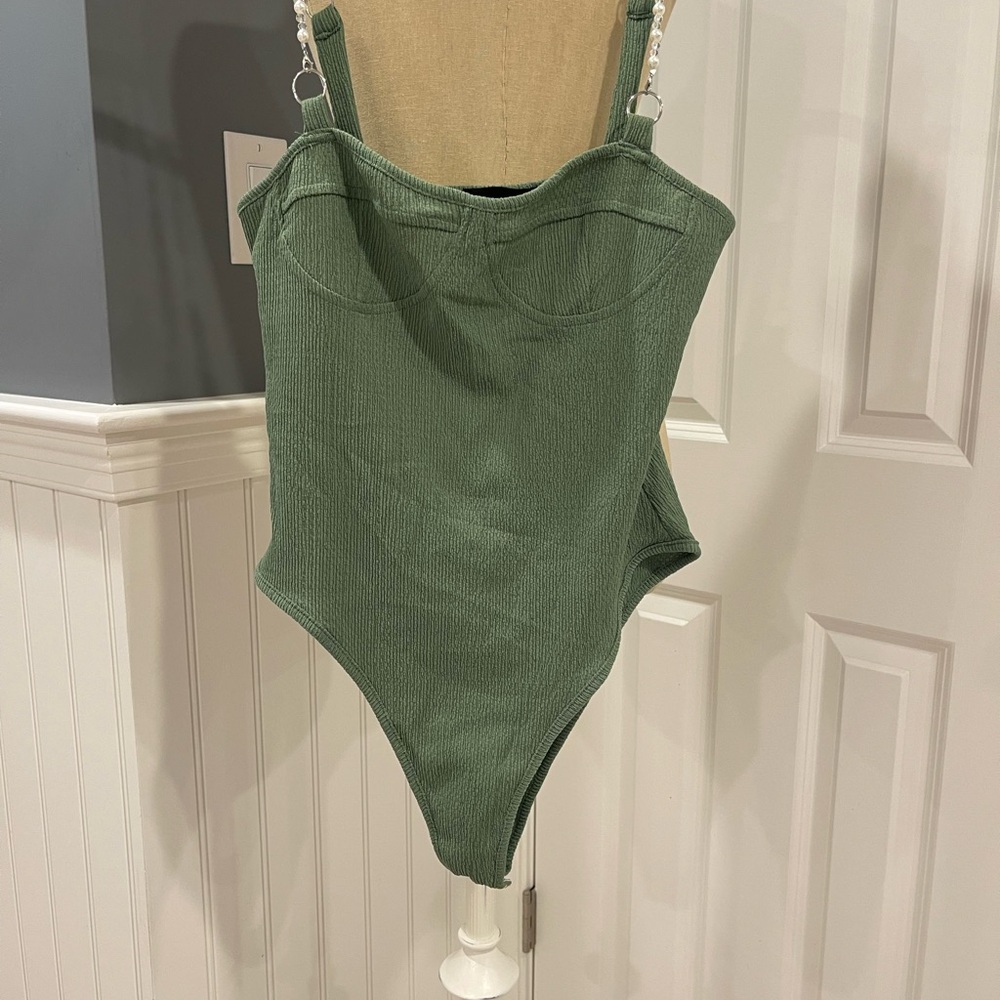 Cider Olive Green Bodysuit with Pearl Straps